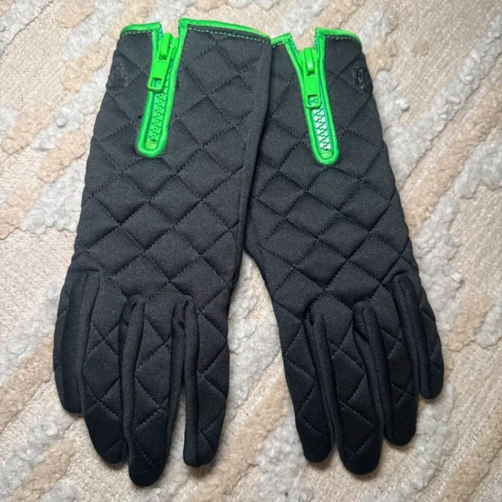 Lauren Ralph Lauren Black Quilted Gloves Green Trim Zipper Tech Touch Size L